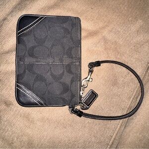 Coach Black Signature Wristlet Pouch with Contrast Stitching